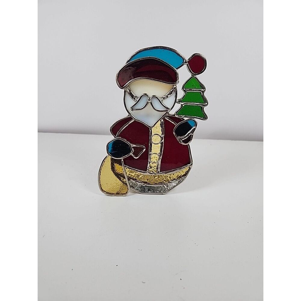 Santa Claus Stained Glass Old World Art Glass Candle Holder 6" Christmas